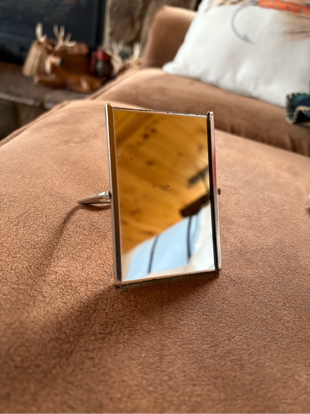 Vintage silver toned Fold Flat Mirror w/Advertising Stand Up Pocket Purse mirror